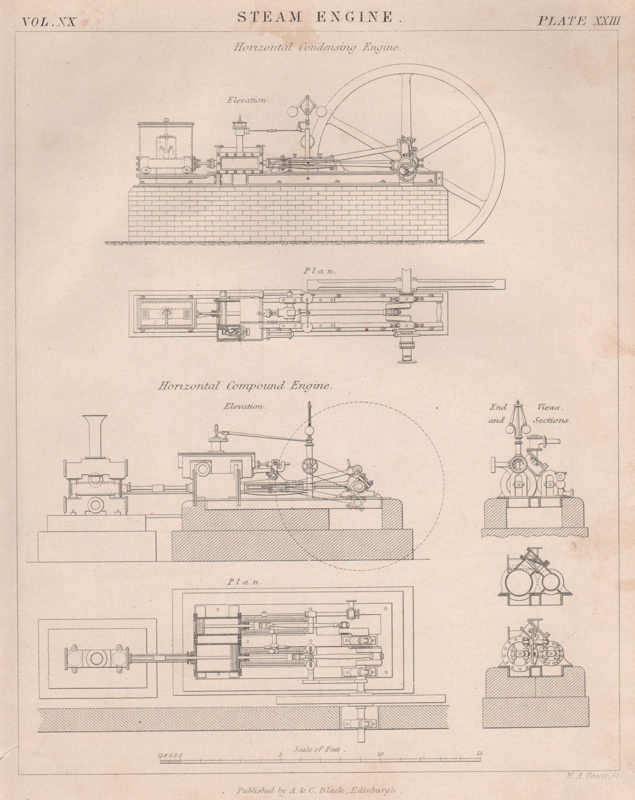 VICTORIAN ENGINEERING DRAWING Horizontal Condensing & Compound Steam Engine 1860